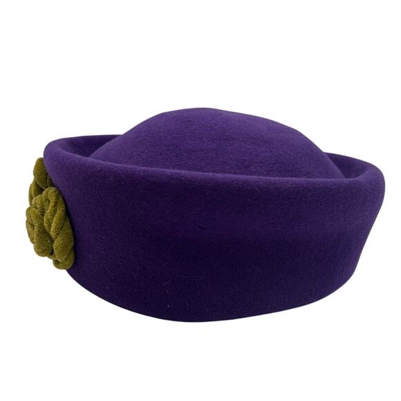 Vintage 80s Purple Wool Felt Pillbox Hat Olive Velvet Rosette Flowers 56cm Sz M main image 7